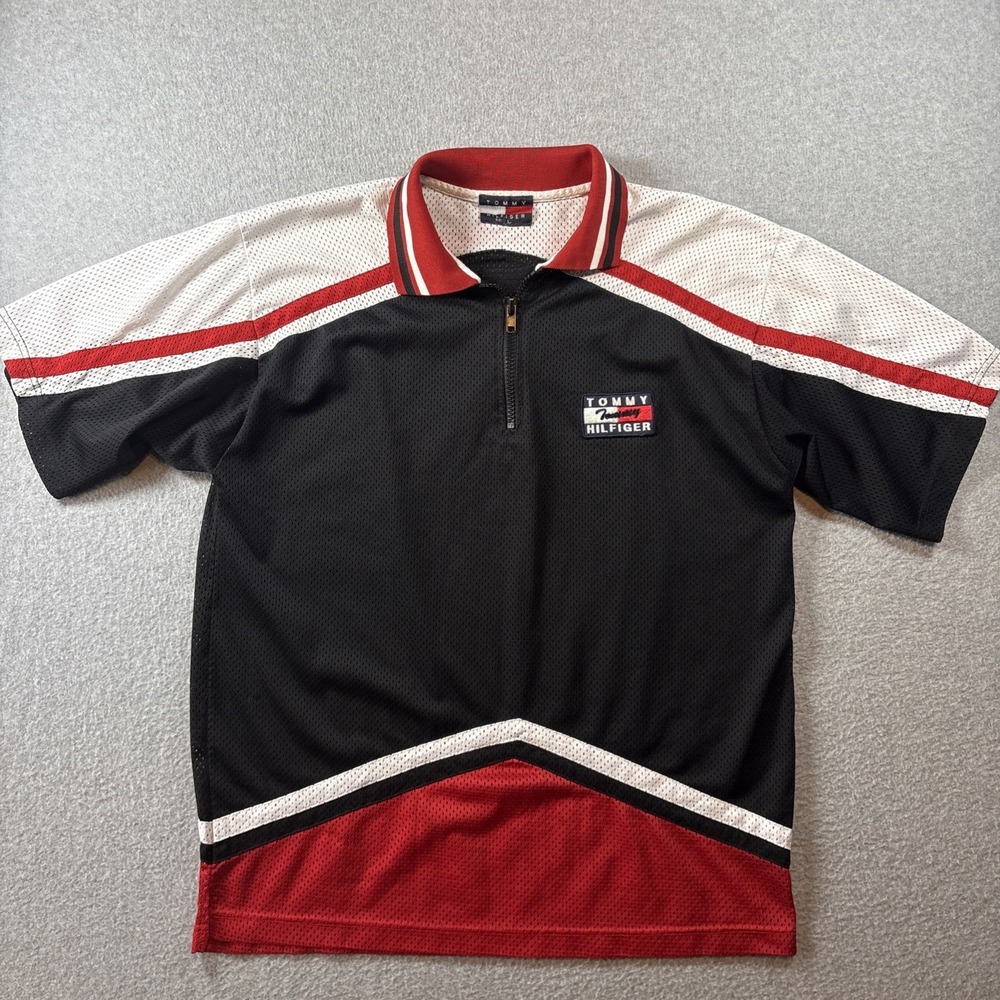 VTG Tommy Hilfiger Cycling Polo Men's Sz L Perforated Breathable Black Red 90s